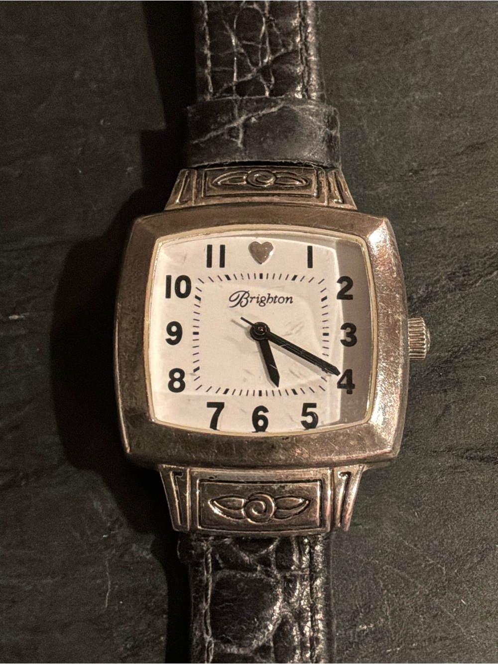 Brighton Silver-Tone Square Watch with Black Leather Strap